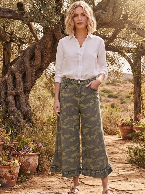 BiBi Pants - 💕Bibi Cropped Camo Ruffle Hem Pants